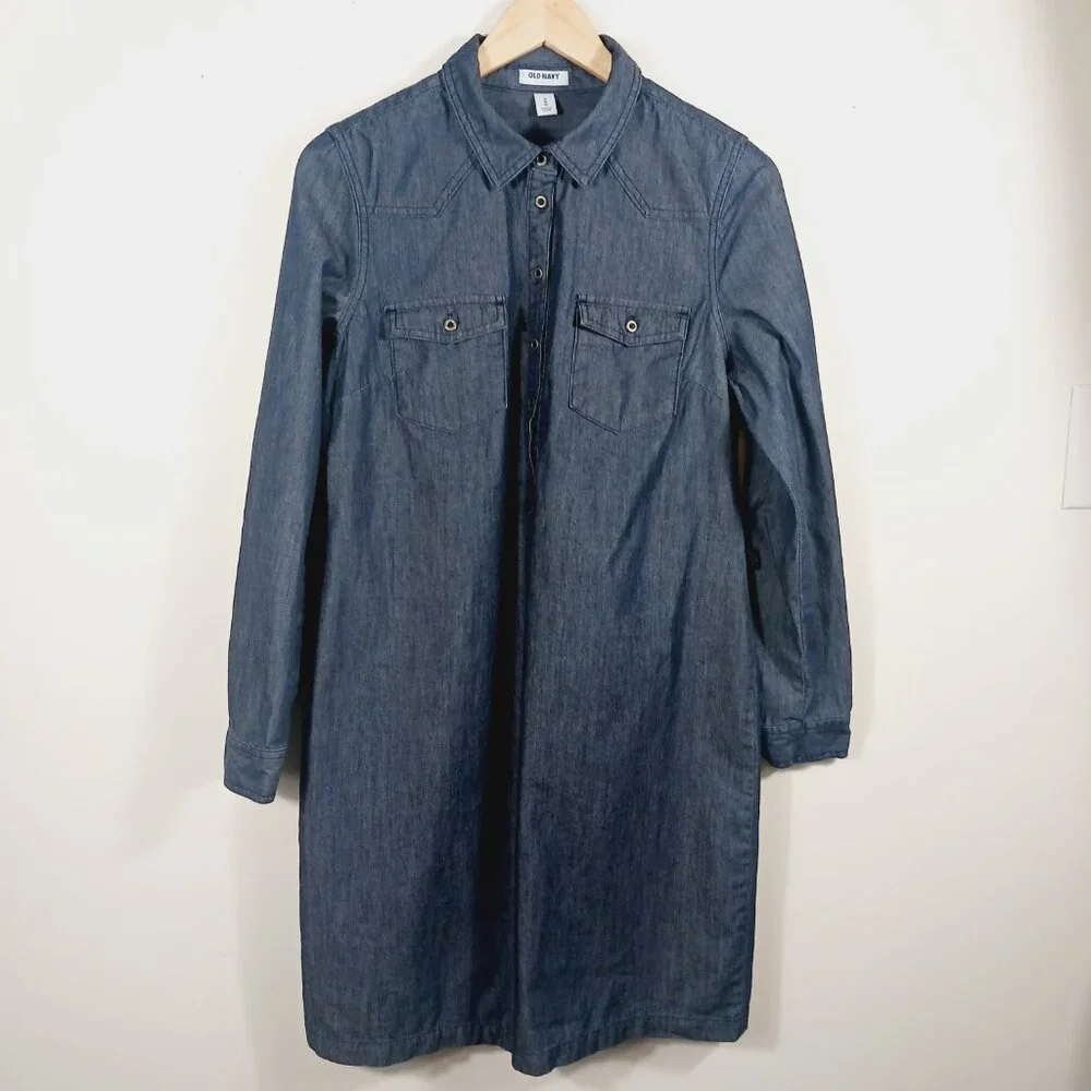 Old Navy Denim Dress, Shift with Belt, Size Medium, Long Sleeve, 1/4 Button Down - Picture 6 of 15